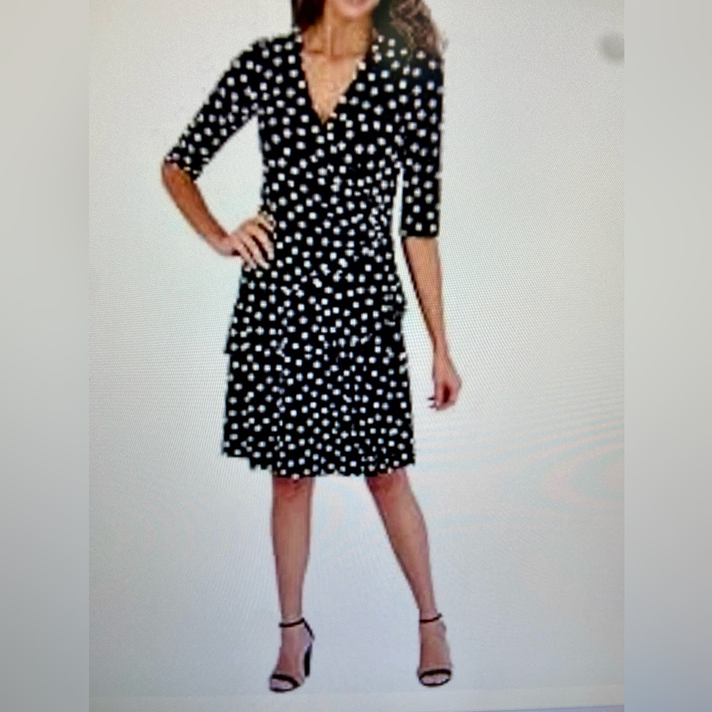 NWT Robbie Bee Black White Polka Dot Faux Wrap Dress Tiered Ruffle Hem $79